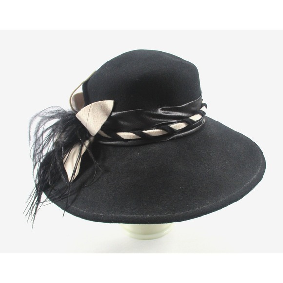 Fine Millinery Collection By August Accessories Black Wool Hat Ribbon Feathers - Picture 1 of 7